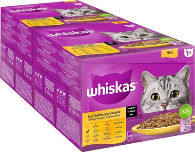 Produktbild von Whiskas Multipack 1+ Geflügel Auswahl in Sauce 48 Portionsbeuteln (2x24x85g)