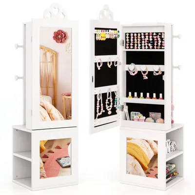 Produktbild von GOPLUS Kinder Schmuckschrank mit Herz, Kosmetikschrank mit Ganzkörperspiegel, 18 Ohrringschlitze, 6 Armbänderhaken etc., für Kinder ab 3 Jahren