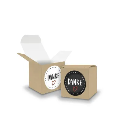 Produktbild von SET DANKE (Motiv22) 24x Faltschachtel Würfel 5cm BRAUN + Sticker