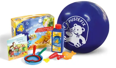 Produktbild von Pustefix Reisekoffer Set I Seifenblasen-Set + original Pixi Buch + Wasserball I Bunte Rainbow Bubbles Germany I Seifenblasen für Kinder & Erwachsene I 250 ml