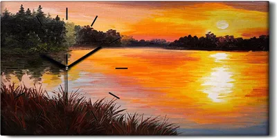Produktbild von Küchenuhr Bürouhr Leinwand Uhr 60x30 Ölgemälde See Wald Himmel Sonnenuntergang - schwarze Hände