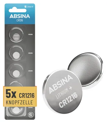 Produktbild von ABSINA CR1216 Knopfzelle Lithium 3V - CR 1216 Batterie - 5er Pack CR 1216 Knopfzellen mit langer Haltbarkeit