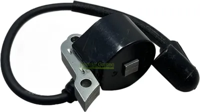 A black ignition coil with a silver mounting bracket and a black wire is shown against a white background.