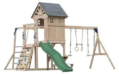 Produktbild von AXI Duncan Spielturm aus Holz mit 2 Schaukeln & Rutsche in Grün | XXL Spielhaus / Spielplatz für Kinder mit Klettergerüst, Kletterstangen & Trapez | Schaukelgerüst für den Garten