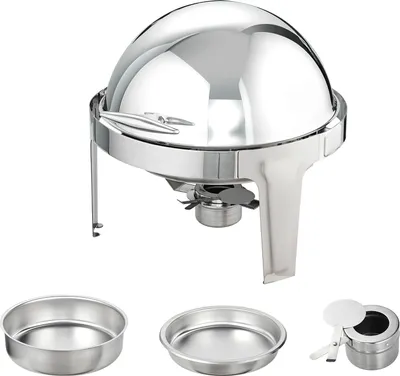 Produktbild von SucceBuy 6 Qt Roll Top Chafing Dish Buffet-Set, 2er-Pack, runder Chafing Dish aus Edelstahl mit großen Pfannen, Catering-Wärmebehälter mit Deckel, Wasserpfanne, reicht für 5+ Personen
