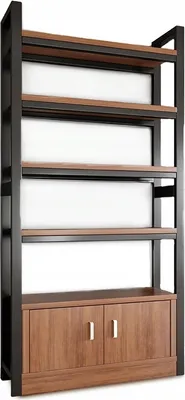 A tall, industrial-style bookshelf with a black metal frame and wooden shelves and cabinet.