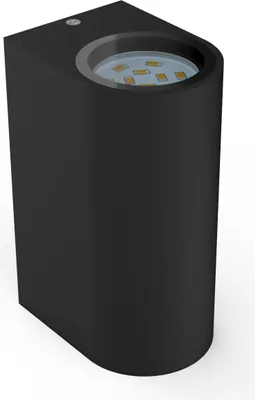 A black outdoor wall light with LED lights visible inside.