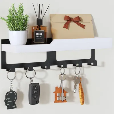 Image de Panneau à clés avec étagère et plateau en bois, 6 crochets, idéal pour l'entrée, la cuisine ou le bureau