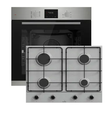 Produktbild von Böhme Einbauherdsets HB60F78PPX mit versenkbare Knebel, Edelstahl Glas mit Heißluft, Timer, 1-fach Teleskopauszug + Gasline Gaskochfeld 60cm Edelstahl
