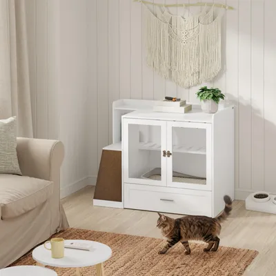 SoBuy HAT02-L-E-W Katzenklo-Schrank in Weiß im Wohnzimmer, Katze davor, Glastüren und Kratzbrett