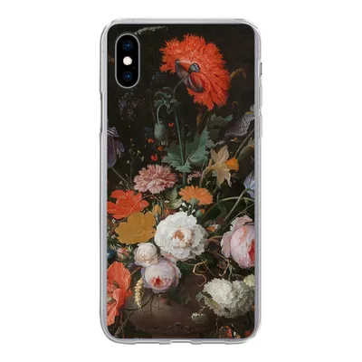 Produktbild von MuchoWow® Handyhülle Schutzhülle Hülle für iPhone Xs Stilleben mit Blumen und einer Uhr - Gemälde von Abraham Mignon Silikon Softcase Handy Hülle - Handytasche