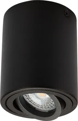 A black cylindrical LED spotlight is shown against a white background.