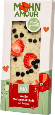 Produktbild von Weiße Mohnschokolade mit Beeren 100g - Handgemachte Weiße Mohnschokolade mit Beeren von Mohn Amour