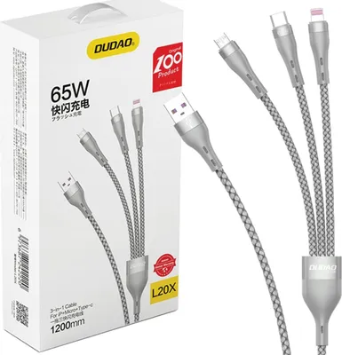 Immagine prodotto di Dudao 3W1 Cavo Usb - Lightning / Microusb / Usb Tipo C 65W 1,2M Szary (L20X)
