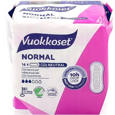 Zdjęcie produktu dla Podpaski Vuokkoset NORMAL Bez Skrzydełek 10 szt. | Ultracienkie 1,5 mm | Hipoalergiczne, Bez Chloru, Czysta Ochrona do 10h