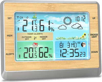 Obrázek produktu pro Meteostanice Bezdrátový vnitřní venkovní teploměr 6palcový barevný LED displej Monitor teploty a vlhkosti vzduchu s nabíjecím portem USB Fáze měsíce Comfort Bar 4 úrovně jasu