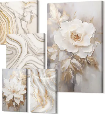 Produktbild von Leinwandbild Set 5-teilig – Modernes Wandbild – Polycanvas Kunstdruck – Abstrakte Bilder – Hochwertige Wandkunst – 2x 30x30 cm + 2x 20x30 cm + 1x 40x60 cm – Florale Motive und abstrakte Muster im eleganten Stil