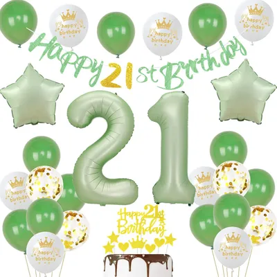21. Geburtstagsdeko-Set grün – Folienballon, Banner, Latexballons