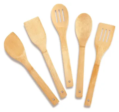 Productafbeelding van Houten spatel- en pollepelset - 5-delig - voor koken en bakken - 30 cm