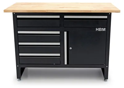 Immagine prodotto di Piano di lavoro, banco da metallico da 120 cm con 5 cassetti, 1 anta e pianale in legno massiccio, Hbm