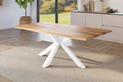 Produktbild von Esstisch 220x100 cm Baumkante Holz Wildeiche-Optik Spider-Gestell Metall weiß JULIUS