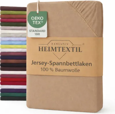 A product package for a jersey fitted sheet, with a stack of fabric swatches in various colors to the left.