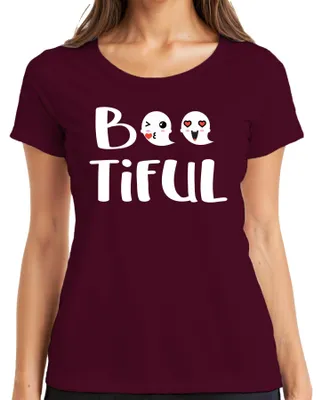 Produktbild von Boo Tiful Halloween Geister Niedlich Herz Emoji Geschenk Lustig Damen T-Shirt, Burgundy, S
