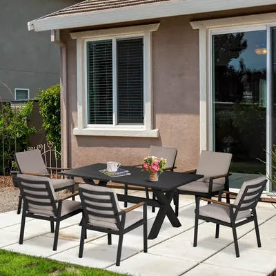 Produktbild von Gartenmöbel-Set 6 Personen, 7-teilig, Aluminium & Kunststoffholz, Grau | 175 x 92 x 73 cm | 6 Stühle + Tisch | wetterfest