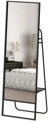 Image de Miroir mural pleine longueur - Miroir autoportant - 157 x 50 cm - Cadre en métal - Avec étagère et 2 crochets à l'arrière - Autoportant - Design moderne - Noir