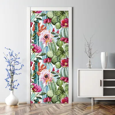 Produktbild von Dekorative Abnehmbarer Wandsticker Türtapete selbstklebend  Kaktusblüten Exotisch Aquarell 77 x 200 cm