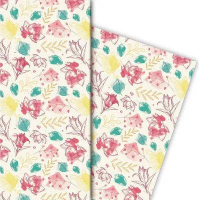 Produktbild von Wunderschön florales Geschenkpapier, hellblau auf gelb - G5154, 32 x 48cm