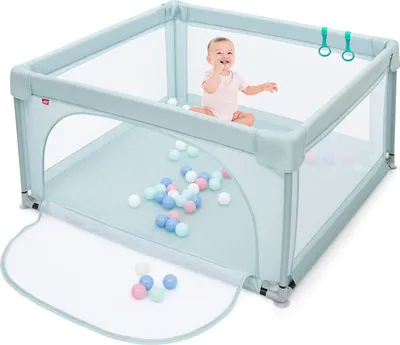 Produktbild von Laufstall Baby mit Tür & 50 Spielbällen, 120 x 120 cm, Laufgitter mit Atmungsaktivem Netz, Saugnäpfen & Reißverschluss, Schutzgitter für Kinder ab 10 Monaten (Blau)