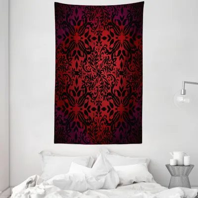 Produktbild von ABAKUHAUS rot schwarz Wandteppich und Tagesdecke, Orient Blumen Blätter aus Weiches Mikrofaser Stoff Waschbar ohne Verblassen Digitaldruck, 140 x 230 cm, Vermilion Schwarz