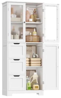 Image de Armoire haute avec 3 portes et 3 tiroirs, dimensions 143,2 x 60 x 30 cm, couleur blanche