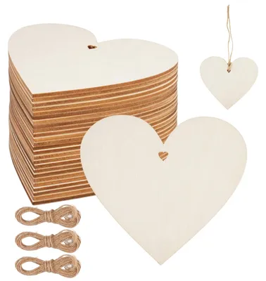 Productafbeelding van Houten hartjes met juteband, 30 stuks, 10 cm, geschikt om te beschrijven voor decoratie