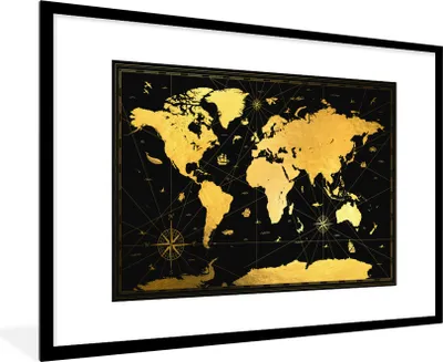 Produktbild von MuchoWow® Gerahmtes Poster Weltkarte - Gold - Schwarz - Luxus 90x60 cm - Poster mit Schwarzem Bilderrahmen Wandposter Rahmen Foto Bilder - Wanddekoration - Fotos