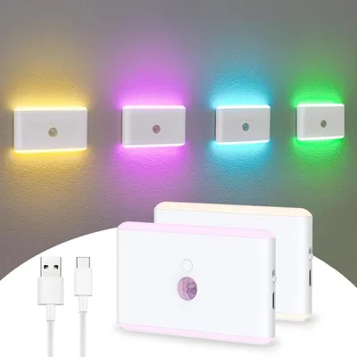 Produktbild von 2 Stück RGB Nachtlicht mit Bewegungsmelder, 7 Farben dimmbares LED Licht, wiederaufladbar für Treppe Flur Schlafzimmer, magnetisches Design