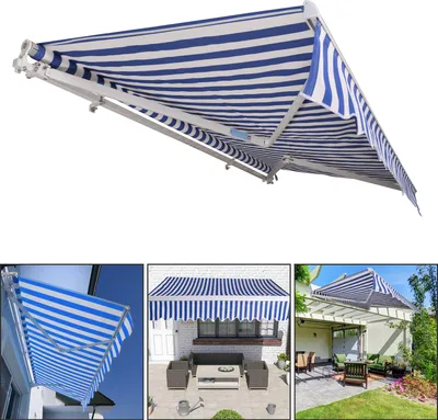 Produktbild von Yakimz Gelenkarmmarkise 350x300cm einziehbare Sonnenmarkise Markise Sonnenschutz Balkonmarkise Gelenkarmmarkise Gelenkarm Sonnenschutz Blau / Weiß
