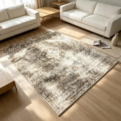 Productafbeelding van Beige vloerkleed met vintage medallion en bloemdetails, geschikt voor woonkamers. Afmetingen: 160 x 220 cm