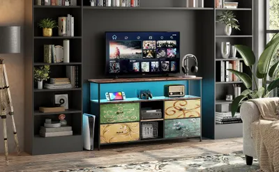 Image de Meuble TV Avec LED, 4 Tiroirs En Tissu Avec 2 Compartiments Ouverts, 108 X 29,8 X 76,8 Cm