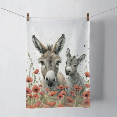 Produktbild von Küchentuch Baumwolle 50x70cm mit Eseln & Mohnblumen Weiß / Rot