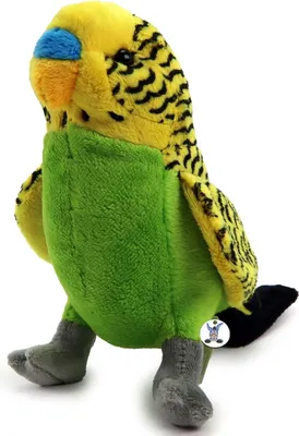 A plush toy budgie bird.