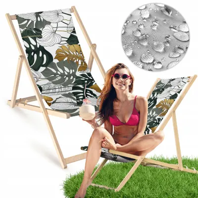 Produktbild von Liegestuhl klappbar aus Holz mit Monstera-Motiv in Weiß, Grün und Gold – Klappstuhl Klappliege Sonnenstuhl Strandstuhl Gartenliege