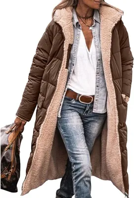 Produktbild von ASKSA Damen Lang Daunenmantel Warm Fleece Reversibel Winterjacke Kapuze Fleecejacke Daunenjacke Mantel, Kaffee, M