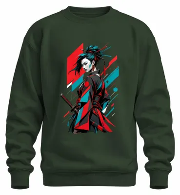 Obrázok produktu pre Samurajská bojovníčka, katana, Japonsko, meč, žena, štýl Y2K, mikina s kapucňou, zelená, veľkosť S