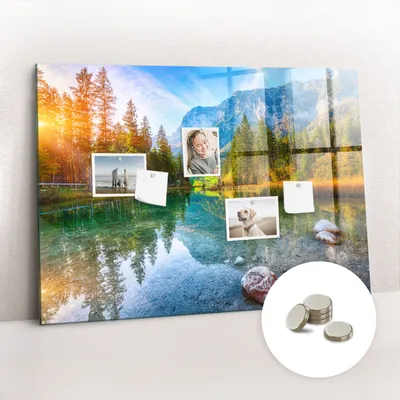 Obrázek produktu pro Magnetická Tabule na Zeď Skleněná - Memo Board Kleněnou Přední Stranou - 5 magnetů v balení - 100x70 cm - Říční horská krajina
