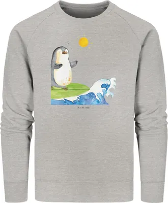 Produktbild von Mr. & Mrs. Panda Baumwoll Pullover Pinguin Surfer Größe M - Heather Grey - Geschenk, Sweater, Portugal, Urlaub, Sweatshirt, Pulli, Hawaii, Motiviert, Optimistisch, Bio