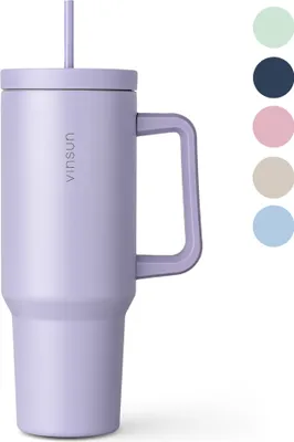 A purple tumbler with a handle and straw is shown against a white background. To the right of the tumbler are several colored circles representing other available colors.