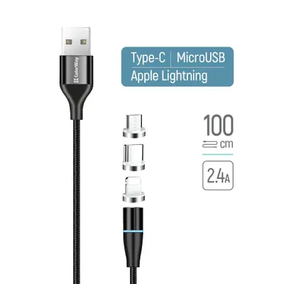 Obrázok produktu pre Nabíjací kábel ColorWay USB - Lightning+MicroUSB+Type-C magnetický dátový/rýchle nabíjanie 2,4A 1m čierny