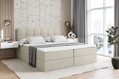 Produktbild von ALTDECOR Boxspringbett mit H3 Matratze und Topper - 180 x 200 cm - MARCE - Beige Gewebe - Polsterbett mit Bettkasten und Lattenrost, Bett mit Stauraum